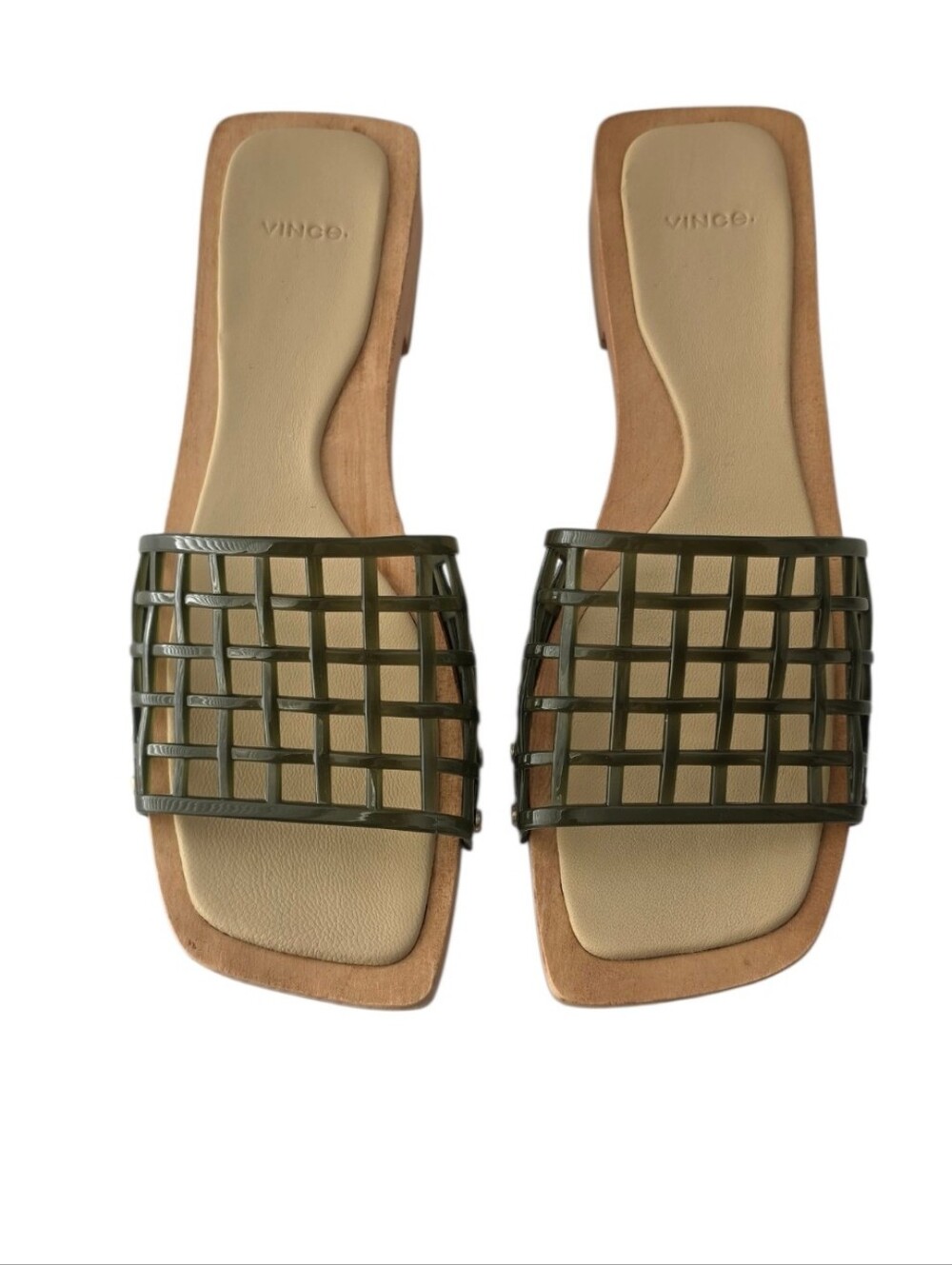 VINCE Chive Wood Slide Sandals Olive Cage Leather Size 9 M - Picture 5 of 9